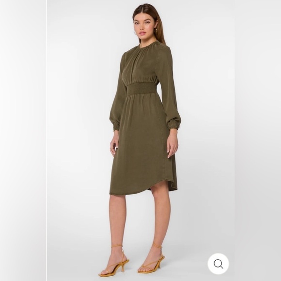 Velvet Heart Clarita Olive Dress Green Tencel Longsleeve Smocked Waist Large New - Picture 2 of 11
